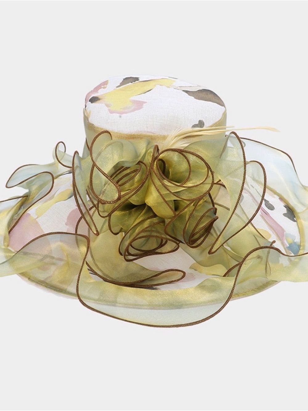 Elegant Women's Decorative Organza Hat in Yellow and Pastel Print